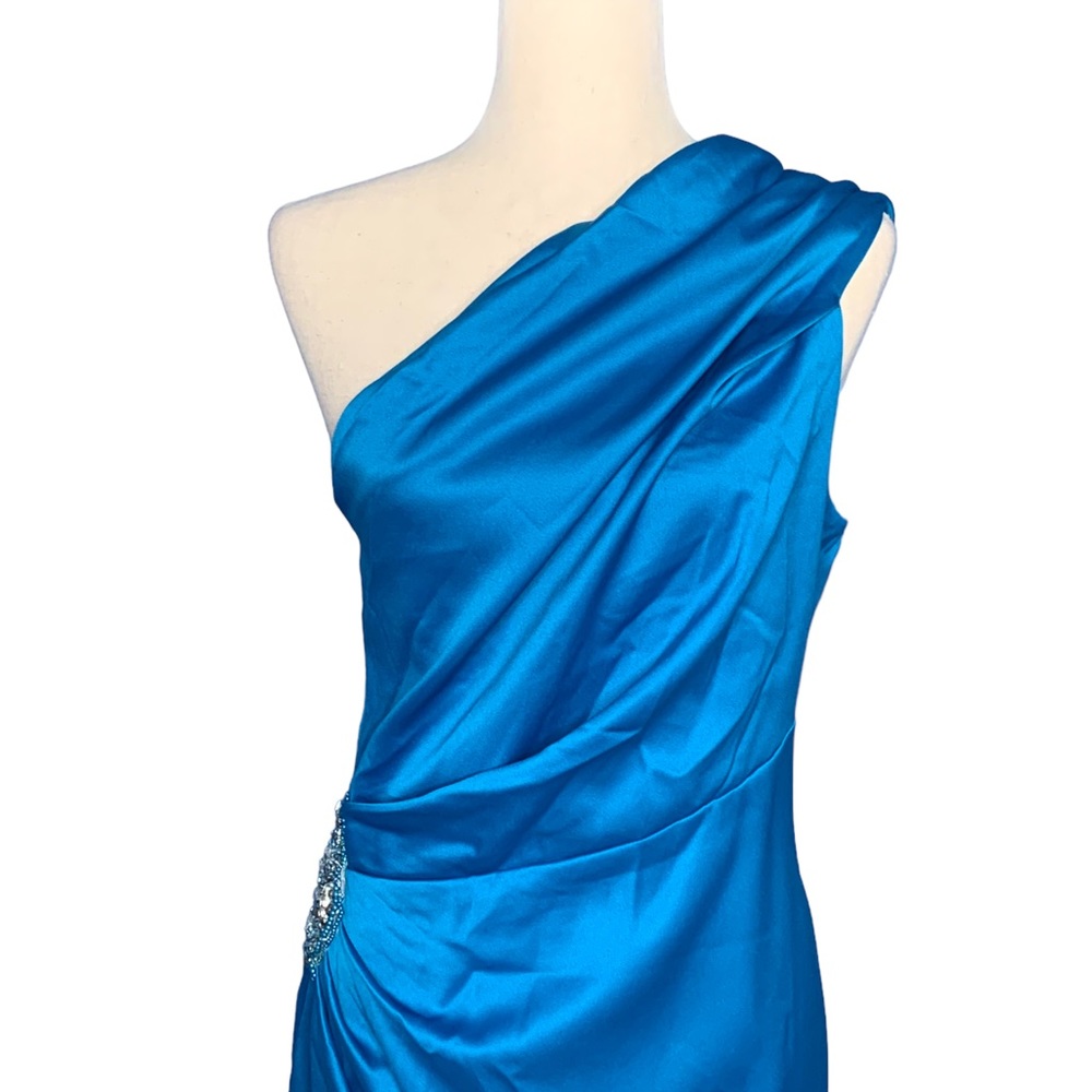 Jessica Howard Turquoise Blue Satin One Shoulder Cocktail Dress | Size 10 - Picture 6 of 8